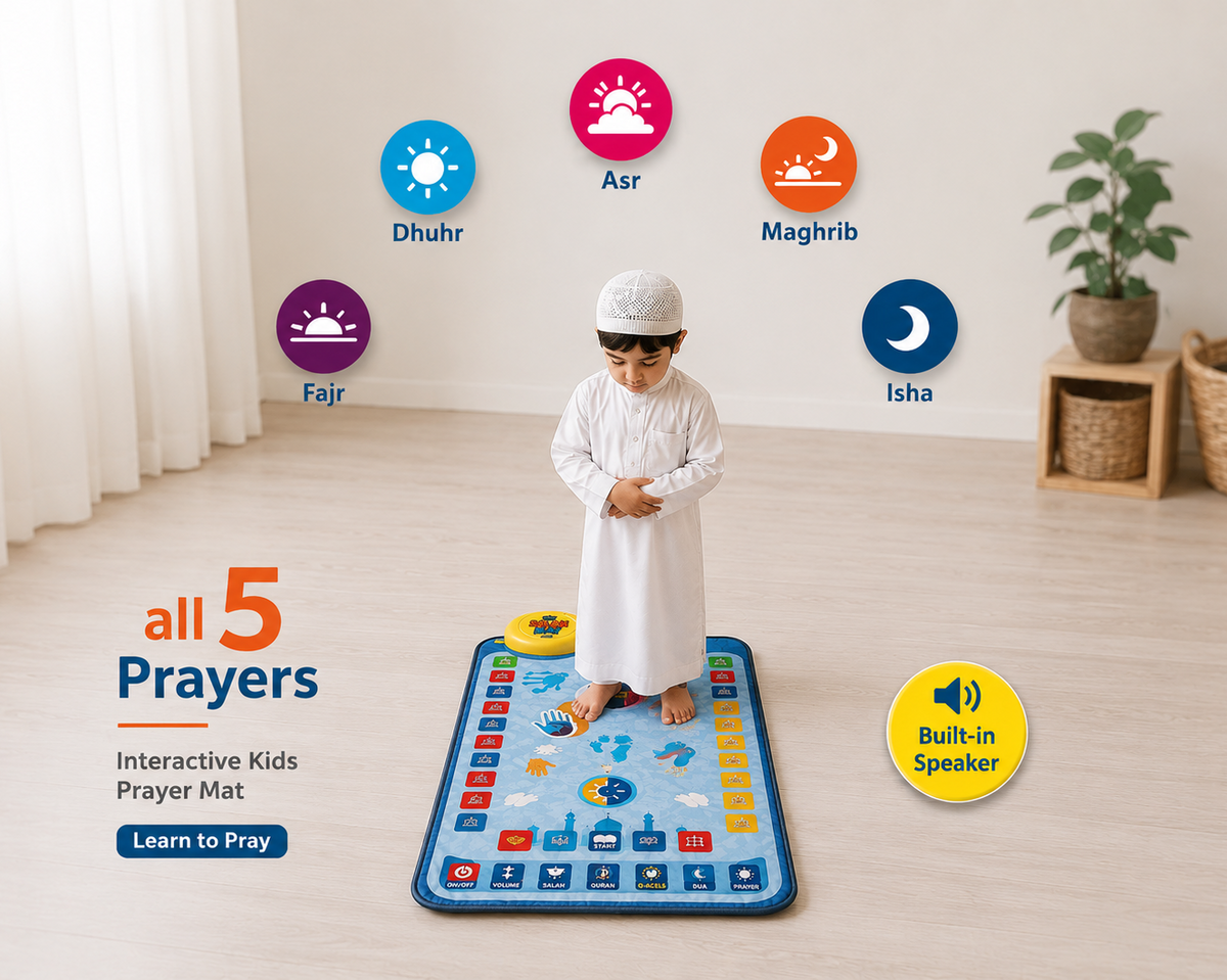 A young child in white clothing stands on a colorful interactive kids' prayer mat in a bright room. The mat displays different prayer times with circular icons above it, and promotional text on the left reads 'all 5 Prayers' and 'Interactive Kids Prayer Mat'.